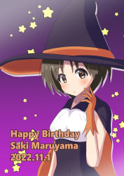 Rule 34 | 1girl, black cape, black dress, black hat, brown eyes, brown hair, cape, character name, closed eyes, dated, dress, english text, girls und panzer, gloves, gradient background, halloween, halloween costume, hand on own face, happy birthday, hat, light frown, looking at viewer, maruyama saki, orange cape, orange gloves, orange hat, purple background, short hair, sleeveless, sleeveless dress, solo, star (symbol), starry background, tokishiro (himawarihatake), two-sided cape, two-sided fabric, two-sided headwear, upper body, witch hat