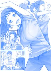 Rule 34 | 1girl, 6+boys, :d, ^^^, arm up, armpit peek, blue theme, blush, bouncing breasts, breasts, child, comic, commentary, getsuyoubi no tawawa, glasses, hand on own hip, himura kiseki, ink stamp sheet, large breasts, long hair, monochrome, multiple boys, open mouth, original, outstretched arms, ponytail, radio exercises, silent comic, smile, stretching, sweat, trainer-san (tawawa)