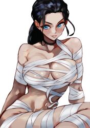 Rule 34 | 1girl, bandages, black hair, blue eyes, blush, breasts, choker, cleavage, dress, halloween costume, highres, large breasts, looking at viewer, mummy costume, nico robin, one piece, sitting, solo, vcais