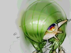 Rule 34 | 1girl, blush, bob cut, collarbone, creatures (company), ear blush, embarrassed, female focus, flat chest, flying sweatdrops, game freak, gardevoir, gen 3 pokemon, green hair, grey background, hair over one eye, looking at viewer, lowres, nintendo, nose blush, one eye covered, oyama yoihaya, pokemon, pokemon (creature), red eyes, short hair, simple background, sketch, solo, upper body