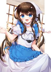 Rule 34 | 1girl, :d, apron, blue apron, blue eyes, blush, brown hair, choker, collarbone, commentary request, commission, dress, frilled apron, frills, hair between eyes, hand up, head scarf, long hair, looking at viewer, open mouth, original, puffy short sleeves, puffy sleeves, short sleeves, skeb commission, smile, solo, very long hair, white choker, white dress, window, yamabukiiro
