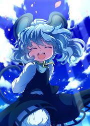 Rule 34 | 1girl, animal ears, arms behind back, bloomers, blue sky, cloud, closed eyes, female focus, grey hair, iris anemone, light rays, long sleeves, mouse ears, mouse tail, nazrin, open mouth, short hair, skirt, skirt set, sky, smile, solo, sunbeam, sunlight, tail, touhou, underwear