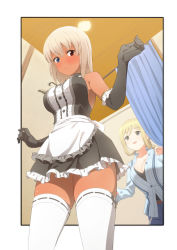 Rule 34 | 2girls, alice gear aegis, apron, black dress, blonde hair, blue eyes, blush, breasts, changing room, character request, cleavage, closed mouth, curtains, dark-skinned female, dark skin, dress, elbow gloves, frilled apron, frilled dress, frilled gloves, frills, from below, gloves, heterochromia, highres, large breasts, long hair, multiple girls, pants, red eyes, shirt, sleeveless, sleeveless dress, sweat, thighhighs, unpasu, waist apron, white apron, white thighhighs