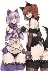 Rule 34 | 13addendum, 2girls, ahoge, animal ears, ass, bare shoulders, black panties, bow, breasts, brown gloves, brown thighhighs, cleavage, elbow gloves, fate/grand order, fate (series), fujimaru ritsuka (female), fur-trimmed gloves, fur-trimmed legwear, fur collar, fur trim, gloves, grin, hair over one eye, highres, lace, lace-trimmed legwear, lace trim, large breasts, looking at viewer, looking back, mash kyrielight, mash kyrielight (dangerous beast), multiple girls, navel, o-ring, one side up, open mouth, orange eyes, orange hair, panties, purple eyes, purple gloves, purple hair, purple thighhighs, revealing clothes, short hair, smile, tail, thighhighs, thighs, underwear, wolf ears, wolf tail