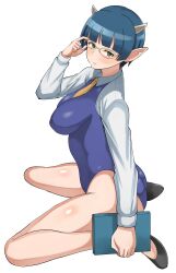 Rule 34 | 1girl, :|, adjusting glasses, aqua eyes, arm at side, ass, bare legs, black footwear, blue hair, blue one-piece swimsuit, blush, breasts, closed mouth, covered erect nipples, demon girl, demon horns, expressionless, female focus, from side, glasses, high heels, highres, horns, large breasts, long sleeves, looking at viewer, looking to the side, lv1 maou to one room yuusha, necktie, norakuro nero, one-piece swimsuit, pointy ears, shirt, shirt under swimsuit, short hair, simple background, sitting, solo, swimsuit, wariza, white background, white shirt, yellow-framed eyewear, yellow necktie, zenia (lv1 maou to one room yuusha)