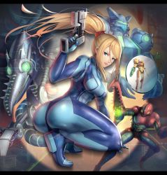 Rule 34 | 1girl, abs, alien, anniversary, arm cannon, arm support, arm up, armor, armpit crease, ass, beak, blonde hair, blue bodysuit, bodysuit, breasts, cable, claws, collarbone, finger on trigger, floating, floating object, full body, glowing, glowing eyes, golem, gonzarez, green eyes, gun, hair between eyes, hair tie, handgun, helmet, hieroglyphics, high heels, high ponytail, highres, holding, holding gun, holding weapon, impossible bodysuit, impossible clothes, knees, large breasts, letterboxed, lips, long hair, looking away, looking to the side, mecha, mecha ridley, metroid, metroid: zero mission, mole, mole under mouth, neon trim, nintendo, nose, nostrils, open hands, orb, parted lips, pauldrons, pink lips, power armor, power suit, powering up, ribs, ridley, robot, ruins test, samus aran, science fiction, shadow, sharp teeth, shiny clothes, shoulder armor, sidelocks, skin tight, space pirate, space pirate (metroid), spikes, standing, swept bangs, teeth, thick thighs, thighs, v-shaped eyebrows, varia suit, visor, weapon, zebesian, zero suit