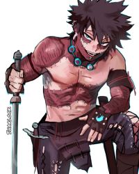 Rule 34 | 1boy, black hair, blue eyes, blue fire, boku no hero academia, burn scar, cheek piercing, dabi (boku no hero academia), elbow on knee, fingerless gloves, fire, gloves, highres, holding, holding sword, holding weapon, looking at viewer, male focus, messy hair, multiple scars, open mouth, piercing, scar, scar on hand, scar on neck, sharl0ck, simple background, solo, staple, stapled, stitches, sword, topless male, weapon, white background