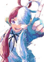 Rule 34 | 1girl, amaguri op, arm up, black ribbon, collar, commentary, dress, fingerless gloves, frilled collar, frills, gloves, highres, multicolored hair, neck ribbon, one eye closed, one piece, one piece film: red, purple eyes, red hair, ribbon, simple background, sleeveless, sleeveless dress, smile, solo, twintails, two-tone hair, uta (one piece), white background, white dress, white hair