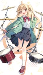 Rule 34 | 1girl, ahoge, black skirt, blonde hair, blush, bocchi the rock!, bow, bowtie, collared shirt, drum, drumsticks, full body, green jacket, highres, holding, holding drumsticks, ijichi nijika, instrument, jacket, long hair, looking at viewer, open clothes, open jacket, open mouth, pleated skirt, polka dot, polka dot bow, red bow, red bowtie, red eyes, red footwear, shirt, shoes, side ponytail, skirt, smile, socks, solo, white shirt, white socks, zoirun