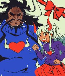 Rule 34 | 1boy, 1girl, aged down, beard, black hair, blue sweater, child, earrings, facial hair, father and daughter, gradient hair, heart, heart print, highres, horns, jewelry, kaidou (one piece), kanaetainaraoverthetop, long hair, multicolored hair, mustache, one piece, ponytail, purple sweater, sweater, white hair, yamato (one piece)