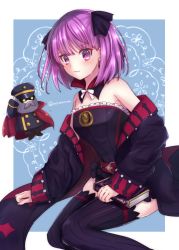 Rule 34 | 1girl, bare shoulders, belt, black thighhighs, blush, book, bow, detached sleeves, fate/grand order, fate (series), flat chest, hair bow, helena blavatsky (fate), helena blavatsky (third ascension) (fate), highres, long hair, looking at viewer, purple eyes, purple hair, sefirot, short hair, smile, solo, solo focus, strapless, tanaji, thighhighs
