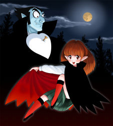 Rule 34 | 1boy, 1girl, aged up, black hair, blue skin, brown eyes, brown hair, cape, chocola (don dracula), cloud, colored skin, don dracula, don dracula (character), fang, father and daughter, forest, full moon, kneehighs, large nose, looking down, moon, nature, night, open mouth, oyatsu (mk2), pleated skirt, pointy ears, red eyes, skirt, sky, smile, socks, tree, vampire