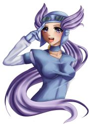 Rule 34 | 1girl, breasts, chaoticblossoms, creatures (company), game freak, gloves, gym leader, helmet, long hair, nintendo, open mouth, pokemon, pokemon rse, ponytail, purple eyes, purple hair, transparent background, winona (pokemon)