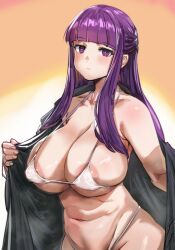 Rule 34 | 1girl, areola slip, bikini, black coat, blunt bangs, bow (bhp), breasts, butterfly hair ornament, cleavage, closed mouth, coat, collarbone, covered erect nipples, cut bangs, fern (sousou no frieren), hair ornament, highleg, highleg bikini, huge breasts, long coat, long hair, long sleeves, looking at viewer, navel, off shoulder, open clothes, open coat, purple eyes, purple hair, simple background, skindentation, solo, sousou no frieren, straight hair, swimsuit, white bikini