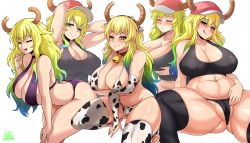 Rule 34 | 1girl, = =, absurdres, animal ears, animal print, arm under breasts, arms behind head, artist name, ass, bad anatomy, bare shoulders, baseball cap, bell, belly, bikini, black bikini, black tank top, black thighhighs, blonde hair, blood, blue hair, blush, breast hold, breasts, cameltoe, cleavage, cleft of venus, closed eyes, closed mouth, collar, collarbone, commentary, covered erect nipples, cow ears, cow girl, cow print, cow print bikini, cowbell, curvy, denim, denim shorts, dragon girl, dragon horns, elbow gloves, eyebrows hidden by hair, fake animal ears, fingerless gloves, flying sweatdrops, gloves, gluteal fold, gradient hair, green eyes, green hair, grey background, hat, heterochromia, highres, horns, horns through headwear, huge ass, huge breasts, jewelry, jmg, kobayashi-san chi no maidragon, large breasts, leaning forward, long hair, looking at viewer, lucoa (maidragon), mixed-language commentary, multicolored hair, multiple views, naughty face, navel, neck bell, one eye closed, panties, plump, print bikini, ring, shorts, signature, simple background, sitting, skindentation, smile, spread legs, squatting, swimsuit, tank top, thick thighs, thighhighs, thighs, thong, thong bikini, toes, tongue, tongue out, underwear, unusually open eyes, very long hair, white background, white panties, wide hips, yellow pupils
