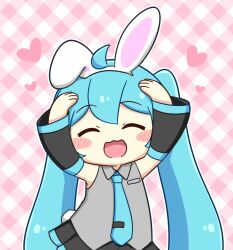 Rule 34 | 1girl, :3, :d, ahoge, animal ears, black skirt, blue hair, blue necktie, closed eyes, collared shirt, commentary, detached sleeves, facing viewer, grey shirt, hatsune miku, heart, long hair, necktie, nukotun, open mouth, pink background, plaid, plaid background, rabbit ears, shirt, skirt, smile, solo, twintails, upper body, vocaloid