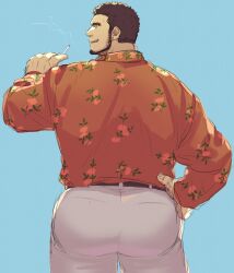 Rule 34 | 1boy, absurdres, ass, ass focus, bara, beard, character request, cigarette, facial hair, feet out of frame, floral print, from behind, full beard, hawaiian shirt, highres, holding, holding cigarette, huge ass, looking at viewer, looking back, male focus, mature male, muscular, muscular male, nogitu, pants, ryuu ga gotoku (series), shirt, short hair, solo, standing, thick eyebrows, unfinished
