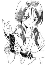 Rule 34 | 1girl, adjusting clothes, adjusting gloves, agahari, black hair, dragon ball, dragonball z, fingerless gloves, gloves, greyscale, long hair, looking at viewer, monochrome, sketch, smile, solo, twintails, videl