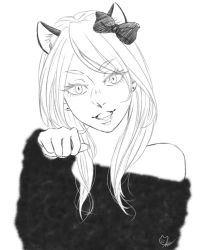 Rule 34 | 1girl, 2b-chan, alternate costume, animal ears, cat ears, cat girl, earrings, female focus, haiba arisa, haikyuu!!, hair ornament, jewelry, long hair, looking at viewer, open mouth, partially colored, paw pose, smile, solo, stud earrings, sweater, upper body