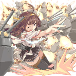 Rule 34 | 10s, 1girl, ahoge, bare shoulders, black footwear, black thighhighs, boots, breasts, brown hair, cannon, detached sleeves, double bun, explosion, hair bun, hairband, headgear, highres, japanese clothes, kantai collection, kongou (kancolle), kongou kai ni (kancolle), large breasts, long hair, looking at viewer, machinery, nontraditional miko, one eye closed, open mouth, pleated skirt, purple eyes, ribbon-trimmed sleeves, ribbon trim, skirt, solo, thigh boots, thighhighs, uchiage cola, wide sleeves, zettai ryouiki