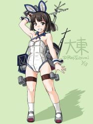 Rule 34 | 1girl, :d, animal ears, arm at side, arm up, armpits, bag, bare shoulders, black eyes, blue hairband, blush, breasts, brown hair, buckle, cleavage, daitou (kancolle), dated, detached collar, fake animal ears, full moon, green background, grey footwear, grin, groin, hairband, kantai collection, kneehighs, legs apart, leotard, looking at viewer, moon, open mouth, playboy bunny, rabbit ears, rigging, shadow, shoes, short hair, shoulder bag, side ponytail, simple background, small breasts, smile, socks, solo, standing, strapless, strapless leotard, tareme, tatsumi ray, teeth, thigh strap, twitter username, uwabaki, white socks, white leotard, wrist cuffs