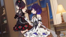 Rule 34 | 2girls, ^ ^, ahoge, bare shoulders, black dress, black gloves, black hair, blue hair, breasts, chair, closed eyes, dress, dual persona, elbow gloves, flower, gloves, hair between eyes, hair flower, hair ornament, highres, honkai (series), honkai impact 3rd, indoors, lock, logo, looking at another, looking away, medium breasts, multicolored hair, multiple girls, night, official art, official wallpaper, open hands, open mouth, seele (alter ego), seele vollerei, seele vollerei (stygian nymph), shelf, sitting, standing, streaked hair, talking, thighhighs, white gloves