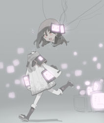 Rule 34 | 1girl, android, boots, brown hair, cable, coat, disembodied head, doremi, head removed, long sleeves, monitor, open mouth, original, pink eyes, robot, running, scarf, short hair, solo, toeless footwear