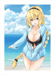 Rule 34 | 1girl, absurdres, bare legs, bikini, bikini top only, black bikini, blonde hair, blue eyes, blue sky, blush, border, braid, breasts, cleavage, cloud, commentary request, fate/grand order, fate (series), hairband, highres, hood, hooded jacket, jacket, jeanne d&#039;arc (fate), jeanne d&#039;arc (ruler) (fate), jeanne d&#039;arc (swimsuit archer) (fate), jeanne d&#039;arc (swimsuit archer) (first ascension) (fate), large breasts, long hair, looking at viewer, open mouth, saku (kudrove), single braid, sky, smile, solo, swimsuit, white border