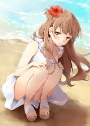 Rule 34 | 1girl, artist request, beach, blush, brown eyes, brown hair, commentary request, day, dress, feet, fingernails, flower, hair flower, hair ornament, hands on own knees, hazuki natsu, long hair, love live!, love live! school idol festival, love live! school idol project, minami kotori, outdoors, sand writing, sandals, solo, squatting, sundress, swept bangs, thighs, toes, white dress