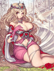 Rule 34 | 1girl, bird, blonde hair, breasts, cleavage, crown, curly hair, curvy, elbow gloves, evan yang, flower, gloves, grass, hand on own chest, large breasts, long hair, looking at viewer, navel, original, parted lips, pink eyes, rose, sitting, solo, thighs, very long hair, wide hips