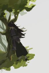 Rule 34 | 1boy, black pants, drruraguchi, fengxi (the legend of luoxiaohei), highres, leaf, long hair, long sleeves, pants, plant, profile, solo, standing, luo xiaohei zhanji, tree, white background, wide shot