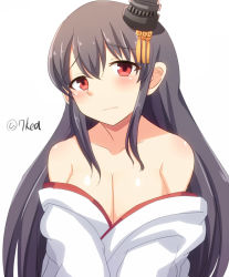 Rule 34 | 10s, 1girl, bare shoulders, black hair, breasts, detached sleeves, epaulettes, fusou (kancolle), hair ornament, homewrecker, japanese clothes, kantai collection, large breasts, long hair, looking at viewer, miko, nontraditional miko, off shoulder, red eyes, solo