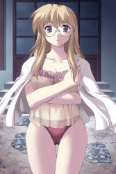Rule 34 | 1girl, anicd, babydoll, blonde hair, blue eyes, blush, bow, bra, breast hold, breasts, cameltoe, cleavage, collarbone, covered navel, cowboy shot, crossed arms, frills, game cg, glasses, kim kwang hyun, kisetsu no hanayome, lace, lace-trimmed bra, lace-trimmed panties, lace trim, lingerie, long hair, looking at viewer, open clothes, open shirt, outdoors, panties, parted lips, red bra, red panties, rimless eyewear, see-through, shawl, shirt, shouji, sidelocks, sliding doors, solo, stairs, standing, thigh gap, underwear, underwear only, yukishiro natsumi