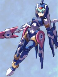 Rule 34 | 1girl, absurdres, adapted costume, armor, blue armor, blue background, blue eyes, blue helmet, crotch plate, fairy leviathan (mega man), forehead jewel, full body, highres, holding, holding pole, lance, mega man (series), mega man zero (series), omochi (mochi skymega), pole, polearm, sketch, solo, weapon