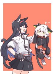 Rule 34 | 1boy, 1girl, :d, anger vein, animal ears, arknights, black gloves, black hair, black jacket, black pants, black skirt, blaze (arknights), blue hair, cat ears, cat girl, cat tail, closed mouth, commentary request, demnor, fang, fingerless gloves, gloves, green eyes, hairband, hand on own hip, highres, holding, jacket, long hair, long sleeves, luo xiaohei, multicolored hair, open mouth, pants, pleated skirt, profile, puffy pants, puffy short sleeves, puffy sleeves, red background, red hairband, shirt, shoes, short eyebrows, short sleeves, skirt, smile, tail, luo xiaohei zhanji, thick eyebrows, two-tone background, two-tone hair, very long hair, white background, white footwear, white hair, white jacket, white shirt
