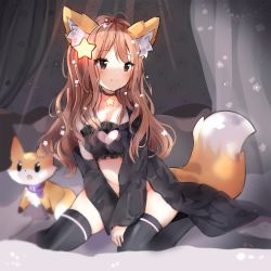 Rule 34 | 1girl, animal, animal ear fluff, animal ears, annytf, anyuu, bare shoulders, black bra, black choker, black thighhighs, blush, bra, breasts, brown eyes, brown hair, cat lingerie, choker, cleavage, cleavage cutout, closed mouth, clothing cutout, curtains, fox, fox ears, fox girl, fox tail, frilled bra, frills, glowing, hair ornament, heart cutout, highres, long hair, long sleeves, looking away, looking to the side, medium breasts, meme attire, no panties, original, sitting, sleeves past wrists, smile, solo, star (symbol), star choker, star hair ornament, tail, thighhighs, transparent, underwear, very long hair, virtual youtuber, wariza