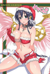 Rule 34 | 1girl, angel wings, bare shoulders, bell, belt, black hair, blush, boots, breasts, bustier, chain, christmas, collar, corset, gloves, green eyes, hair bell, hair ornament, hat, jingle bell, kazane hiyori, large breasts, legs, looking at viewer, merry christmas, no panties, open clothes, open fly, open mouth, red gloves, santa costume, santa hat, shiny skin, short shorts, shorts, sitting, solo, sora no otoshimono, spread legs, suzutsuki kurara, thighs, underwear, undressing, unzipped, white legwear, wings