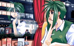Rule 34 | 1girl, amazuyu tatsuki, blue eyes, booth seating, curtains, game cg, green hair, hand on own chin, imai saori, indoors, looking outside, looking to the side, medium hair, menu, night, night sky, pc-98 (style), pia carrot (series), pia carrot e youkoso!!, reflection, salt shaker, sky, solo