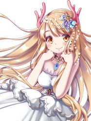 Rule 34 | 1girl, antlers, bare arms, blonde hair, blush, breasts, brown eyes, dress, gem, hair ornament, horns, indie virtual youtuber, jewelry, locome, long hair, looking at viewer, medium breasts, necklace, ro (igris-geo), smile, solo, strapless, strapless dress, transparent background, virtual youtuber, white dress
