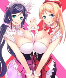 Rule 34 | 10s, 2girls, :p, aqua eyes, ayase eli, blonde hair, blue eyes, breast press, breasts, cleavage, earrings, holding hands, jewelry, large breasts, long hair, looking at viewer, love live!, love live! school idol festival, love live! school idol project, maid headdress, multiple girls, ponkotsu (ayarosu), purple hair, simple background, symmetrical docking, symmetrical hand pose, tongue, tongue out, tojo nozomi, twintails, very long hair, white background