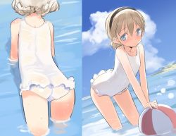 Rule 34 | 1girl, aged down, arm support, ass, ball, beachball, bent over, blonde hair, blue eyes, blush, casual one-piece swimsuit, cloud, day, dutch angle, hairband, multiple views, noble witches, one-piece swimsuit, outdoors, rosalie de hemricourt de grunne, shimada fumikane, short hair, sky, smile, strike witches, swimsuit, turnaround, wading, water, wet, white one-piece swimsuit, world witches series