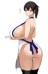 Rule 34 | 10s, 1girl, apron, ass, back, bad id, bad pixiv id, black hair, black thighhighs, blush, breasts, brown eyes, covered erect nipples, gigantic breasts, huge breasts, kaga (kancolle), kantai collection, naked apron, poin (hidsuki), side ponytail, sideboob, simple background, solo, thighhighs, translation request, white background