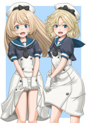 Rule 34 | 2girls, black shirt, blonde hair, blue background, blue eyes, blue sailor collar, border, clothes lift, commentary request, cowboy shot, dress, dress lift, gloves, hat, highres, janus (kancolle), jervis (kancolle), kantai collection, lifting own clothes, long hair, looking at viewer, multiple girls, open mouth, sailor collar, sailor dress, sailor hat, shirt, short hair, short sleeves, standing, t2r, two-tone background, white border, white dress, white gloves, white headwear