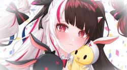 Rule 34 | 1girl, absurdres, black bow, black hair, bloom, blush, bow, bright pupils, closed mouth, confetti, diagonal bangs, gloves, hair bow, highres, holding, holding stuffed toy, lips, long hair, looking at viewer, multicolored hair, nijisanji, portrait, ppiya, red hair, sidelocks, slit pupils, smile, solo, split-color hair, streaked hair, stuffed animal, stuffed rabbit, stuffed toy, twintails, virtual youtuber, white background, white gloves, white hair, white pupils, yorumi rena, yorumi rena (1st costume)