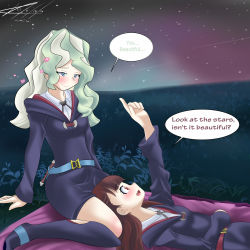 Rule 34 | 2girls, absurdres, arm support, black socks, blonde hair, blue eyes, blush, boots, breasts, brown hair, closed mouth, dated, diana cavendish, english text, fang, grass, heart, highres, kagari atsuko, knee boots, kneehighs, lap pillow, little witch academia, long hair, luna nova school uniform, lying, multiple girls, night, night sky, on back, open mouth, outdoors, pointing, red eyes, school uniform, shiny skin, sky, small breasts, smile, socks, star (sky), tongue, witch, yuri