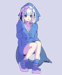Rule 34 | 1girl, absurdres, animal hood, blue eyes, blue footwear, blue hair, boots, fins, fish tail, gawr gura, grey hair, highres, hololive, hololive english, hood, looking at viewer, machuuu68, multicolored hair, outline, shark girl, shark hood, shark tail, shirt, simple background, solo, tail, two-tone hair, virtual youtuber, white hair, white outline, white shirt