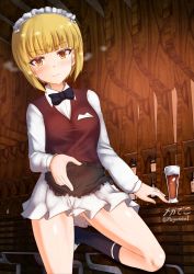 Rule 34 | 1girl, 3d background, bartender, black bow, black bowtie, blonde hair, blush, bow, bowtie, breasts, closed mouth, cutlass (girls und panzer), girls und panzer, gluteal fold, highres, indoors, looking at viewer, maid headdress, megadeko, microskirt, pleated skirt, short hair, skirt, small breasts, smile, socks, solo, white skirt, yellow eyes
