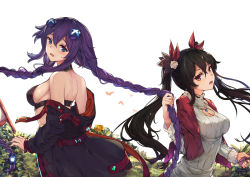 Rule 34 | 2girls, :o, alternate costume, bare shoulders, black coat, black hair, blue eyes, blush, braid, breasts, capelet, cleavage, cleavage cutout, clothing cutout, coat, d-pad, d-pad hair ornament, facing away, female focus, four goddesses online: cyber dimension neptune, grabbing another&#039;s hair, hair ornament, long hair, looking back, medium breasts, multiple girls, neptune (series), noire (neptunia), open mouth, outdoors, power symbol, purple hair, purple heart (neptunia), red eyes, sideboob, sweatdrop, sweater, symbol-shaped pupils, twin braids, twintails, very long hair, white crow