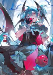 Rule 34 | 1girl, absurdres, alternate costume, apple, apple core, bat (animal), bat wings, black dress, black gloves, blue eyes, blue hair, commentary request, cowboy shot, dress, earrings, fangs, food, fruit, gloves, half gloves, hatsune miku, head wings, heterochromia, highres, holding, holding food, holding fruit, indoors, jewelry, kako (pixiv77158173), long hair, looking at viewer, off-shoulder dress, off shoulder, open mouth, pointy ears, red dress, red eyes, sitting, skirt hold, smile, solo, vampire, vocaloid, white wrist cuffs, window, wings, wrist cuffs