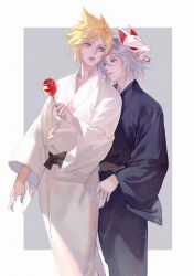 Rule 34 | 2boys, aged down, alternate costume, black kimono, black sash, blonde hair, blue eyes, brown sash, candy apple, chinese commentary, cloud strife, commentary request, cuntouxiaoyeju, final fantasy, final fantasy vii, food, fox mask, grey background, grey hair, hand on another&#039;s waist, hand up, highres, holding, holding food, japanese clothes, kimono, light smile, looking at another, looking to the side, male focus, mask, multiple boys, parted lips, sash, sephiroth, short hair, spiked hair, upper body, white kimono, yaoi